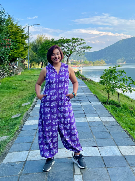 Moomoo Print Handblock Jumpsuit- New Launch